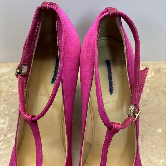 J Crew Women Pink Satin Heels Navy Blue Patent Leather Toe Heels T Strap 8.5 - Picture 4 of 11